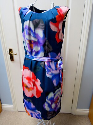 Kew Occasion Dress UK 12 Blue Jigsaw Painterly Floral Belted Wedding Races  UK