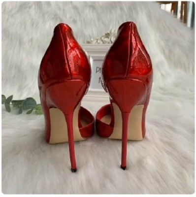 Hologram Red patent metal spike heels by Tomonye Size C44