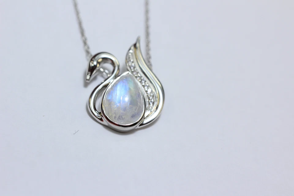 Nobile 2,9 Carati Pietra di Luna Cigno Rimorchio 925 Collana IN Argento Zirconia - Immagine 2 di 4