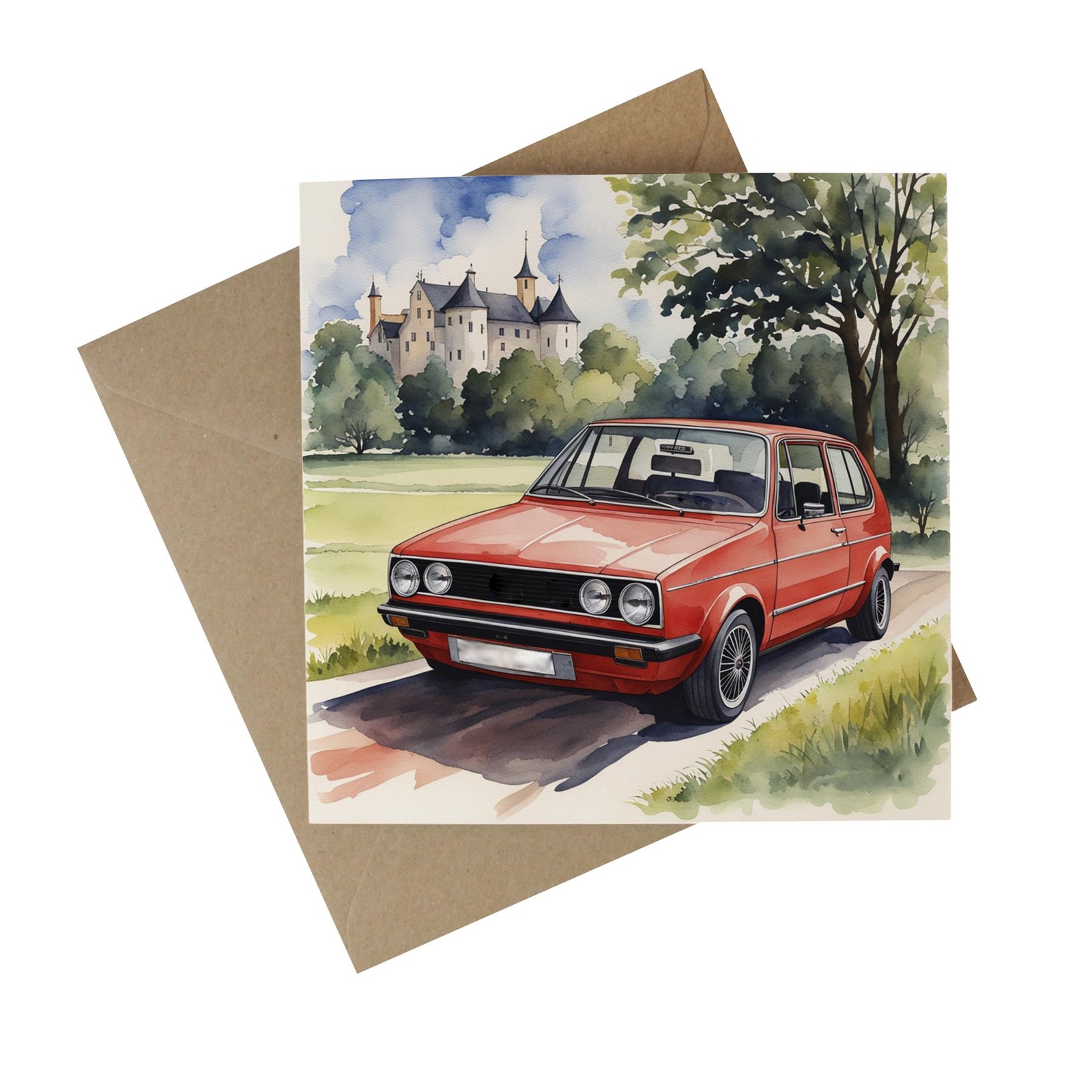 Red German Hatchback Car Recycled Paper Card - Classic Cars Eco Greetings Card