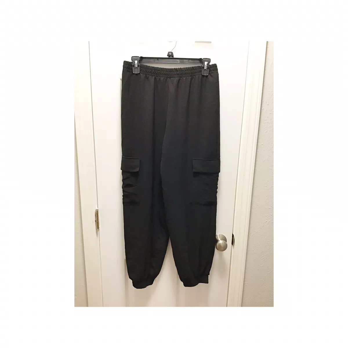 ZARA NWT Womens Black Cargo Jogger Pants Size Small Elastic Waistband Crepe