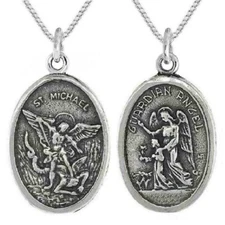 Sterling Silver St Michael Archangel & Guardian Angel Pendant / Charm, Box Chain