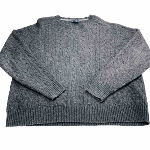 Lands End Cable Knit Sweater Mens XL Charcoal Merino Wool Blend Crew Fisherman - Imagen 1 de 9