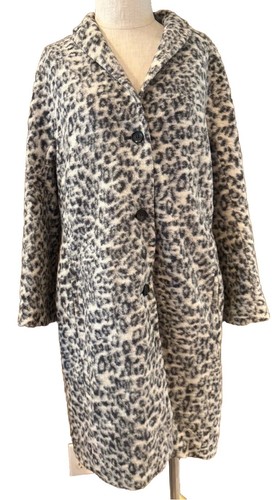 Ann Taylor Long Coat Womens LT Gray Black Snow Leopard Print Lined Button Front