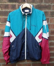 Vintage Shell Suit Festival Jacket Blue Teal Pink Colour Block Design. Large