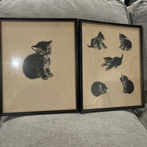 Vintage Clare Turlay Newbury Set Of 2 Framed Cat Watercolor Prints 1936