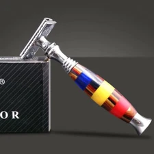 Premium Art Resin Long Fat Handle Safety Razor Double Edge-5 Shaving Blades Gift