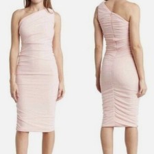 Love X Design Rose Quartz Pink One Shoulder Ruched Mesh Midi Dress Fairy Med New