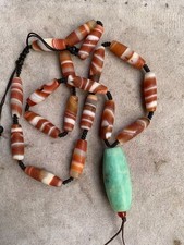 Excellent Rare Tibetan Old Natural Stripes Agate Dzi 9x29mm Beads Necklace