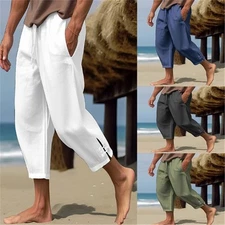 Men Cotton Linen Drawstring 3/4 Length Pants Casual SportsBaggy Capri Shorts SML