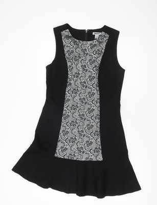 DKNY Damen schwarz grau Fit & Flare knielanges ärmelloses Kleid Größe 8