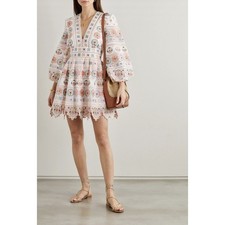 Zimmermann Brighton Plunge Dress Floral Embroidery Cotton Mini Size 3 Large