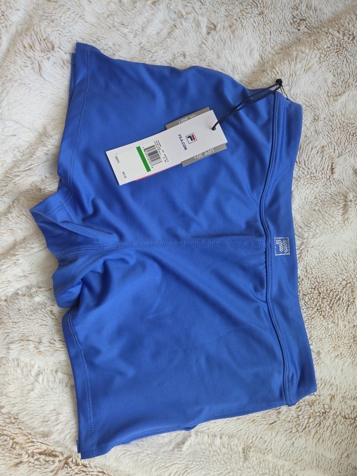 Pantaloncini tennis donna nuovi con etichette taglia L 12 14 FILA doppio strato blu 30 UPF