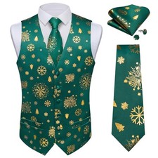 Mens Christmas Suit Vest and Tie Set for Men Waistcoats and X-Large Green Gold