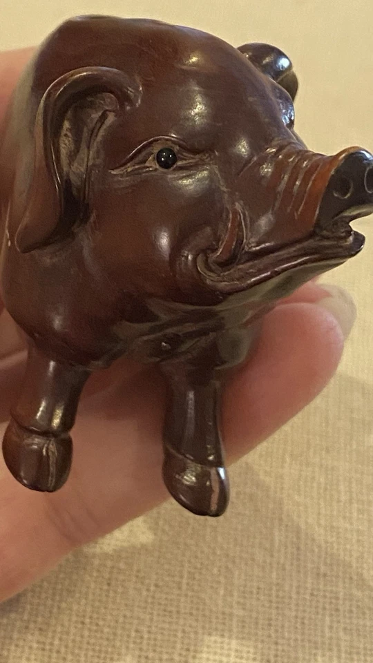 Vintage Japanese Signed Boxwood Pig Container - Image 4 of 4