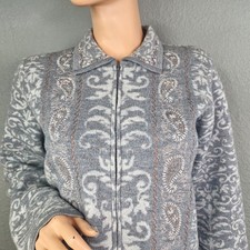 Vtg Pendleton 100 Merino Wool Cardigan Zip Up Steel Blue Paisley Embroidery M/P