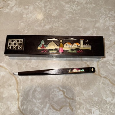 Handmade Wood Inlay Pencil Box&Pen Folding Puzzle Colombia Folk Art Desk Office