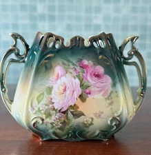 R S Prussia red mark 1870-1918 two handle floral roses  vase 4 inches in height