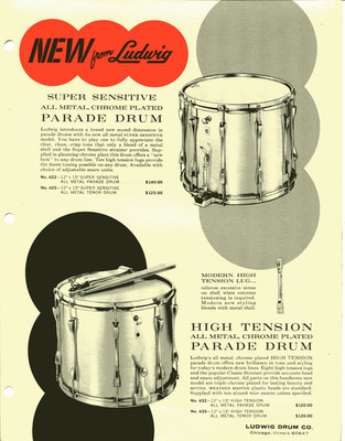 Vintage ~ LUDWIG SUPER SENSITIVE HIGH TENSION PARADE DRUM Advertisement Catalog