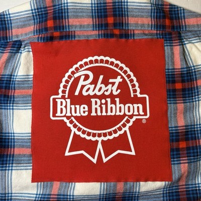 Pabst Blue Ribbon PBR Upcycled Flannel Shirt Back Patch Plaid -Momtag Designs