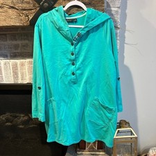 Susan Graver Weekend Teal Hooded 1/2 Button Up Pullover 2XL