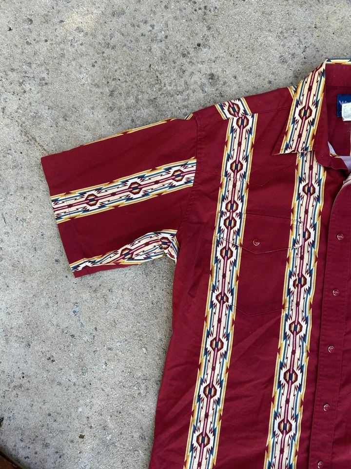 Camisa vaquera geométrica azteca vintage de los 90 Wrangler Pearl Snap vaquera grande para hombre Foto 4 de 4