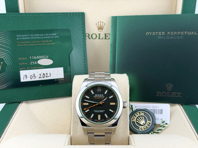 Rolex Milgauss 116400GV Green Crystal Black Dial 40mm Steel Box Papers 2021