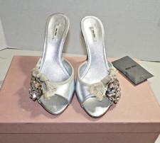 WOMAN'S MIU MIU SILVER NAPPA SHINE STILHETTO HEELS SZ 37 WITH BOX VERY GOOD