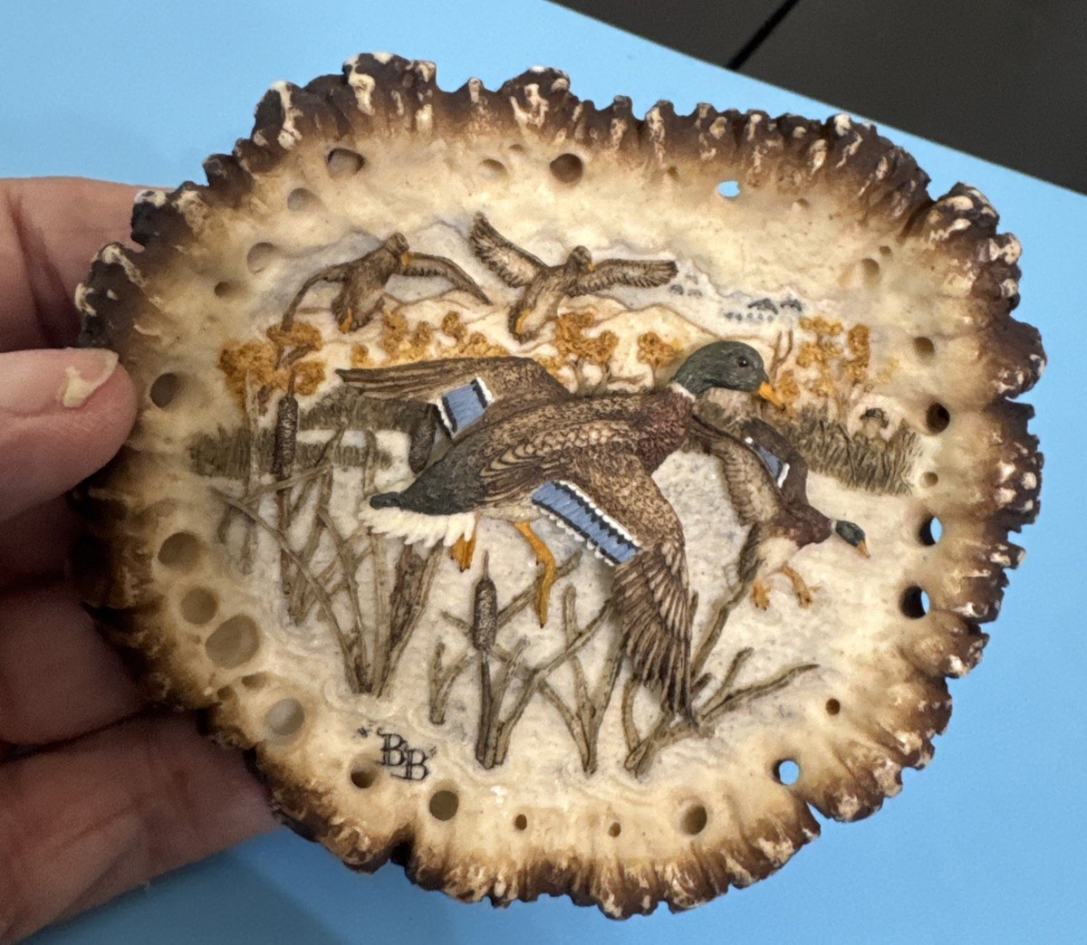 Vintage 1986 B.A. Berrett Carved Antler Belt Buckle Mallard Ducks #193 (T)