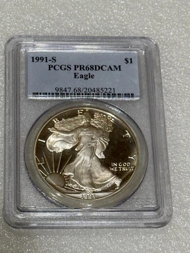 1991 S Proof Silver Eagle PCGS PR68 DCAM Blue Label ~~ Golden Beauty