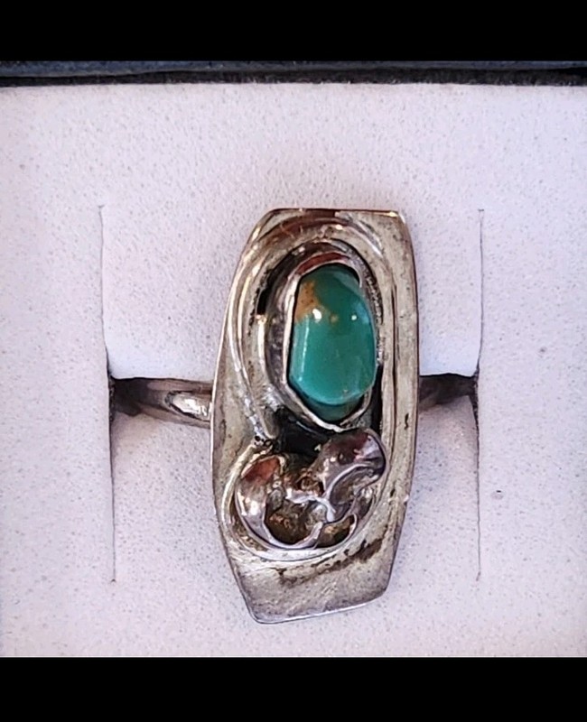 Vtg 70s Navajo Nugget Sterling Green Turquoise SZ 6 Ring