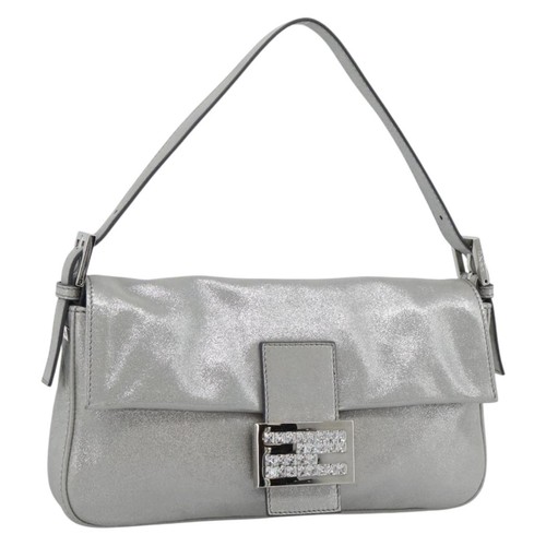 FENDI Rhinestone Mamma Baguette Bag Leather Silver 8BR600 Auth yk20705SM