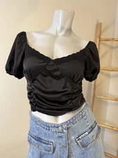 Forever 21 Satin Crop Top Faux Corset Front Puff Sleeves Shirred Back Lace Detai