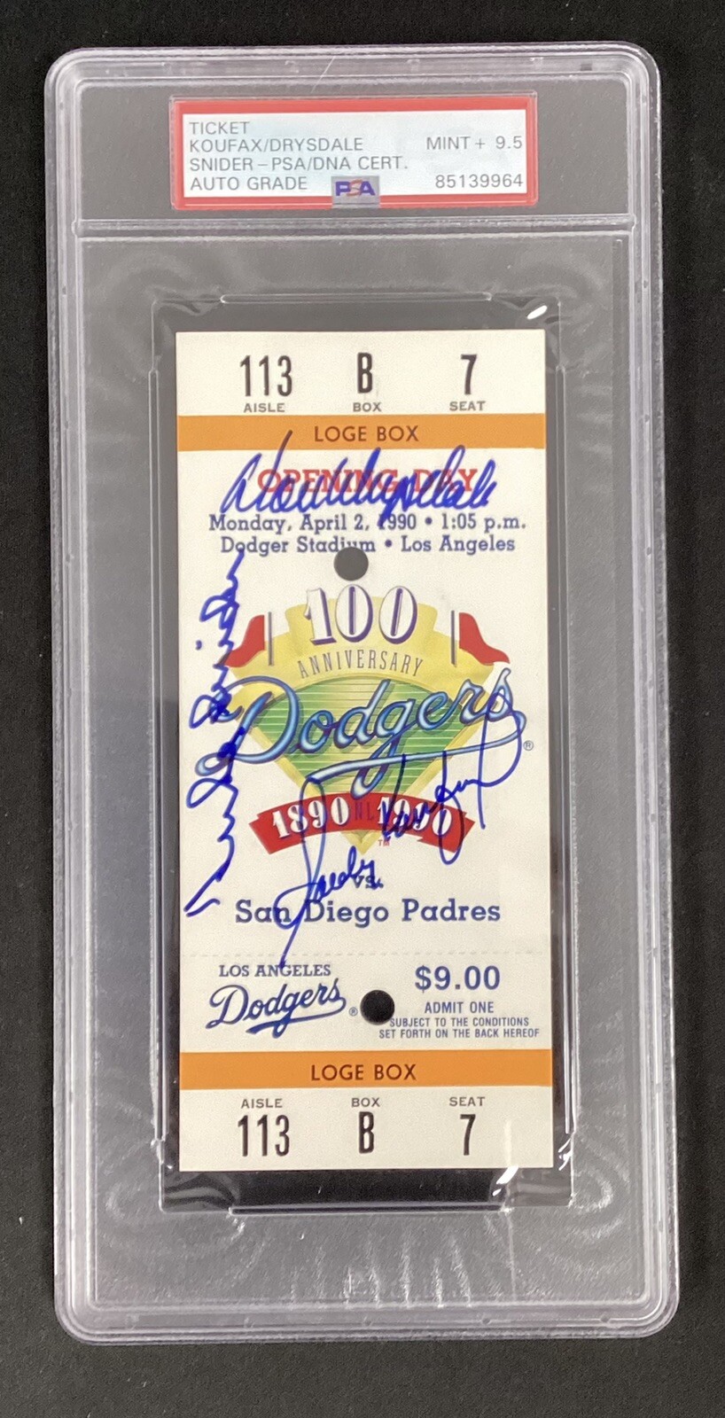 Sandy Koufax +2 Autographed Signed Los Angeles Dodgers Sandy Koufax Ticket 100 Years 90 Don Drysdale Duke Snider PSA/DNA Auto 9 