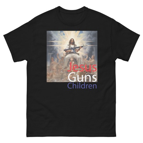Jesus Guns Children Men's classic tee Inspiring T-Shirt Image of Jesus - Picture 3 of 6