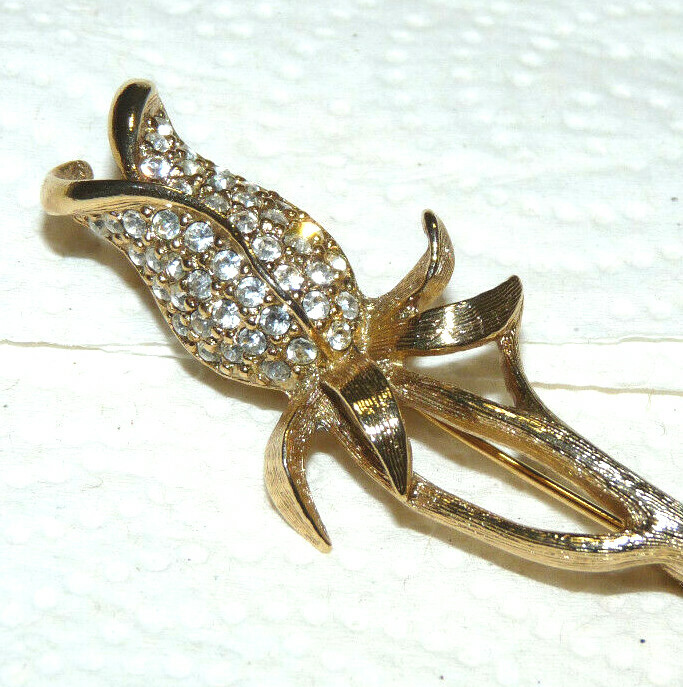 Vintage *1928* Gold Tone Clear Rhinestone Rose Bud Flower Brooch