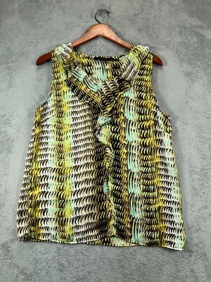 The Limited Womens Large Tops Yellow Silky Geometric Blouse Ruffle Sleeveless