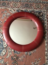 Large 24in Round Frame Mirror Red Leather Wall Hanging Retro Vintage Padded