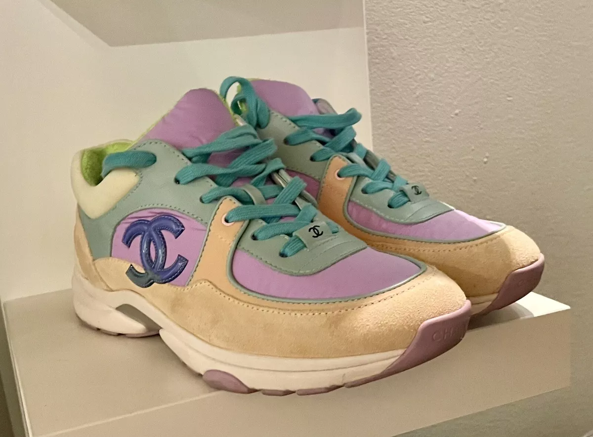 CHANEL Nylon Lambskin Suede Calfskin CC Sneakers 37 Green Purple Pink  886295