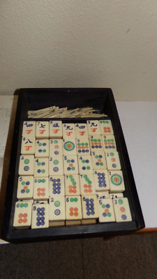 Vintage Pung-Chow Mahjong Set Wooden Box Pung Chow Tiles with Instructions