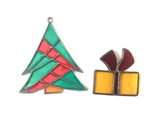 Vtg Leaded Stained Glass Christmas Tree Present Art Glass Sun Catcher Set Of 2