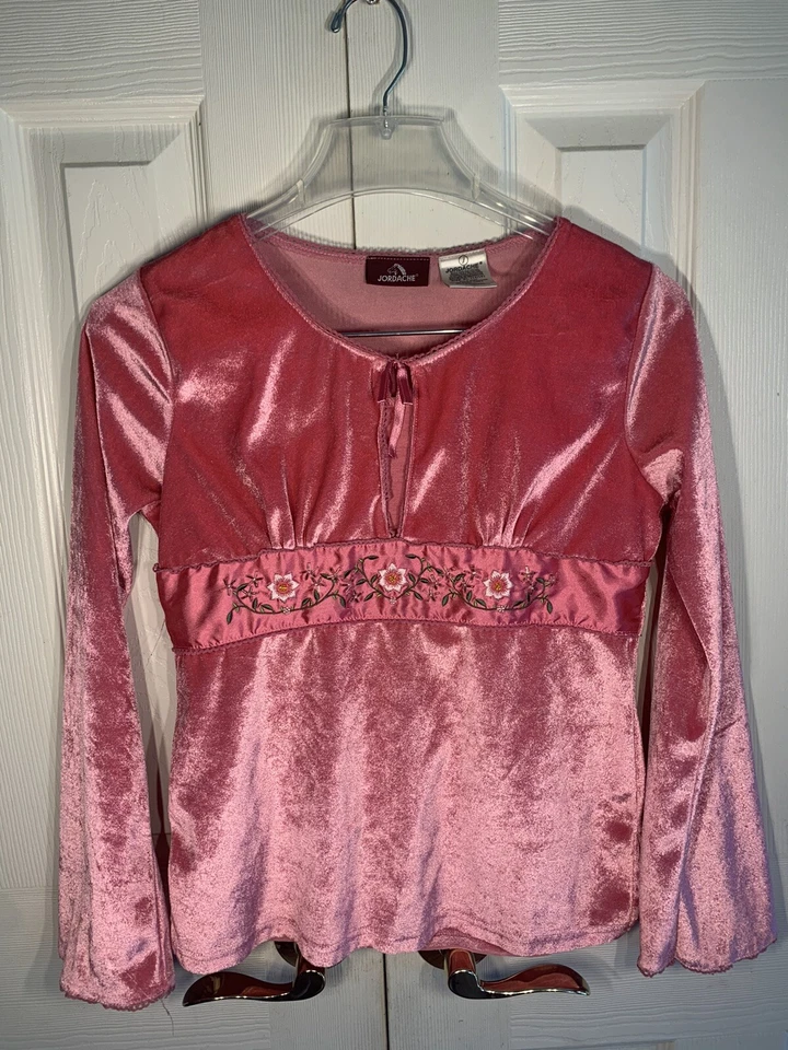 Camisa Terciopelo Niñas 14/16 Jordache Rosa Años 90 Y2K Floral Cuentas Manga Acampanada Foto 3 de 4
