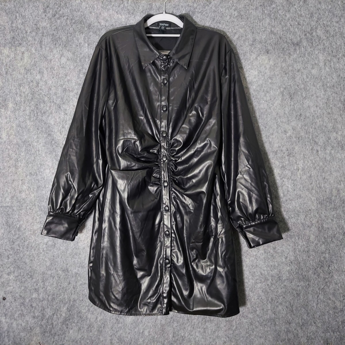 Boohoo Dress 14 Black Faux Leather Button Ruched Cinched Shirt Long Sleeve  Edgy | eBay