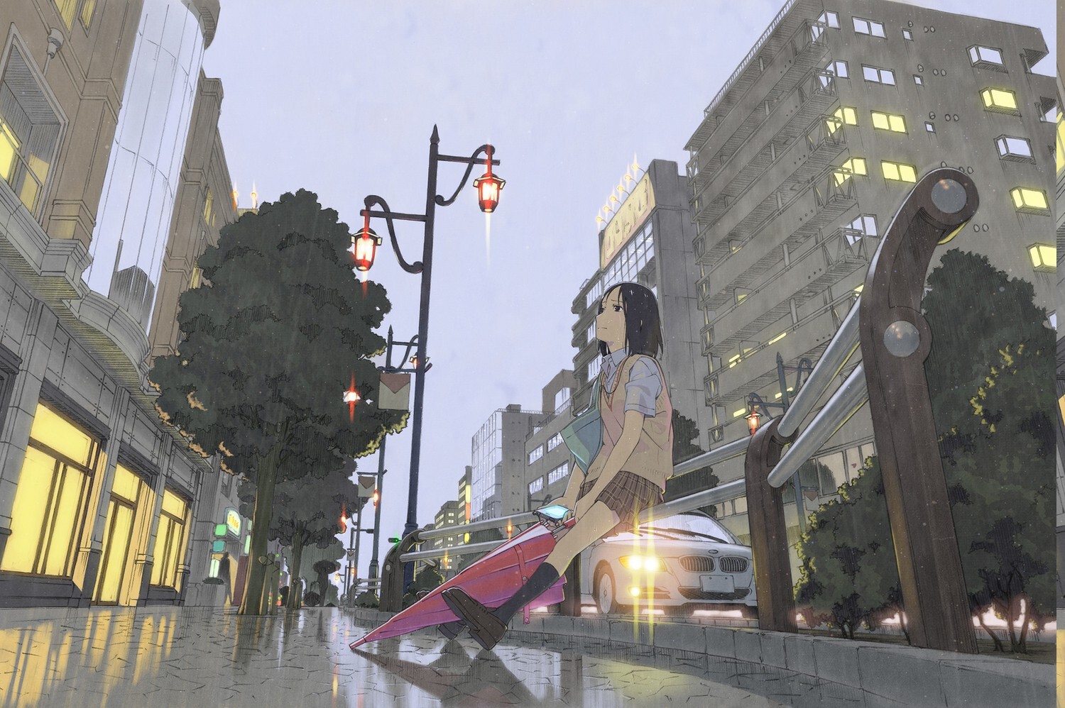 Anime rain umbrella schoolgirl waiting alone custom playmat pad