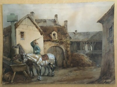 Jean Isidore Bourgeois (XIX) Alte Aquarell Tränke Pferd Pferde