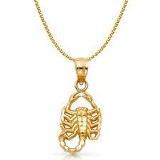 14K Yellow Gold Scorpion Charm Pendant with 1.5mm Flat Open Wheat Chain Necklace