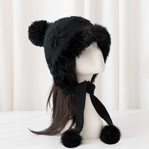 Women Rabbit Fur Hat Russian Ushanka Hat Cossack Ski Warm Knit Pompom Beanie - Picture 15 of 15