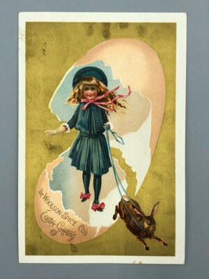 1880s EASTER BUNNY Egg WOOLSON SPICE Lion Coffee Victorian Advertisng Trade Card