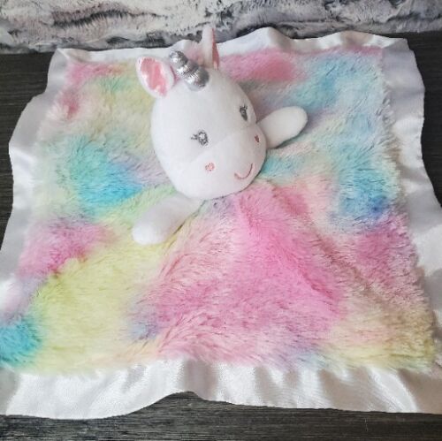 Unicorn Baby Lovey Plush Tie Dye Pastel Rainbow Colors Satin Security Blanket