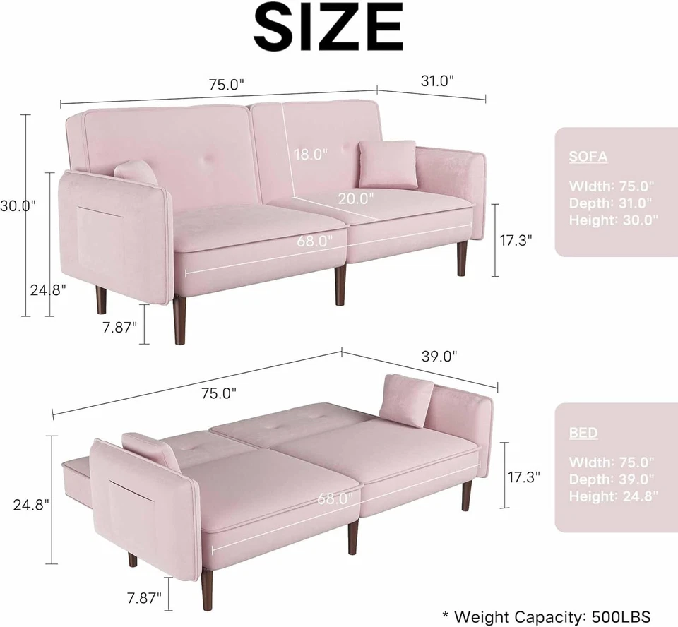 Futón Loveseat 75 pulgadas, sofá cama convertible de terciopelo, sofá cama moderno Foto 2 de 4